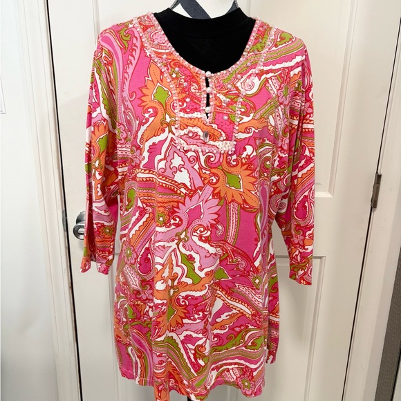 Soft Surroundings Tunic Top XL 3/4 Sleeve Paisley Beaded Pearls Pink Resortwear - Picture 1 of 13